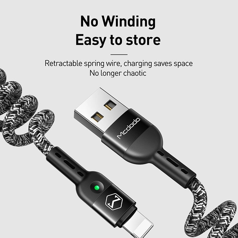 USB Cable Spring Extension Retractable Charger Cord For iPhone