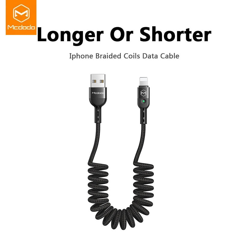 USB Cable Spring Extension Retractable Charger Cord For iPhone